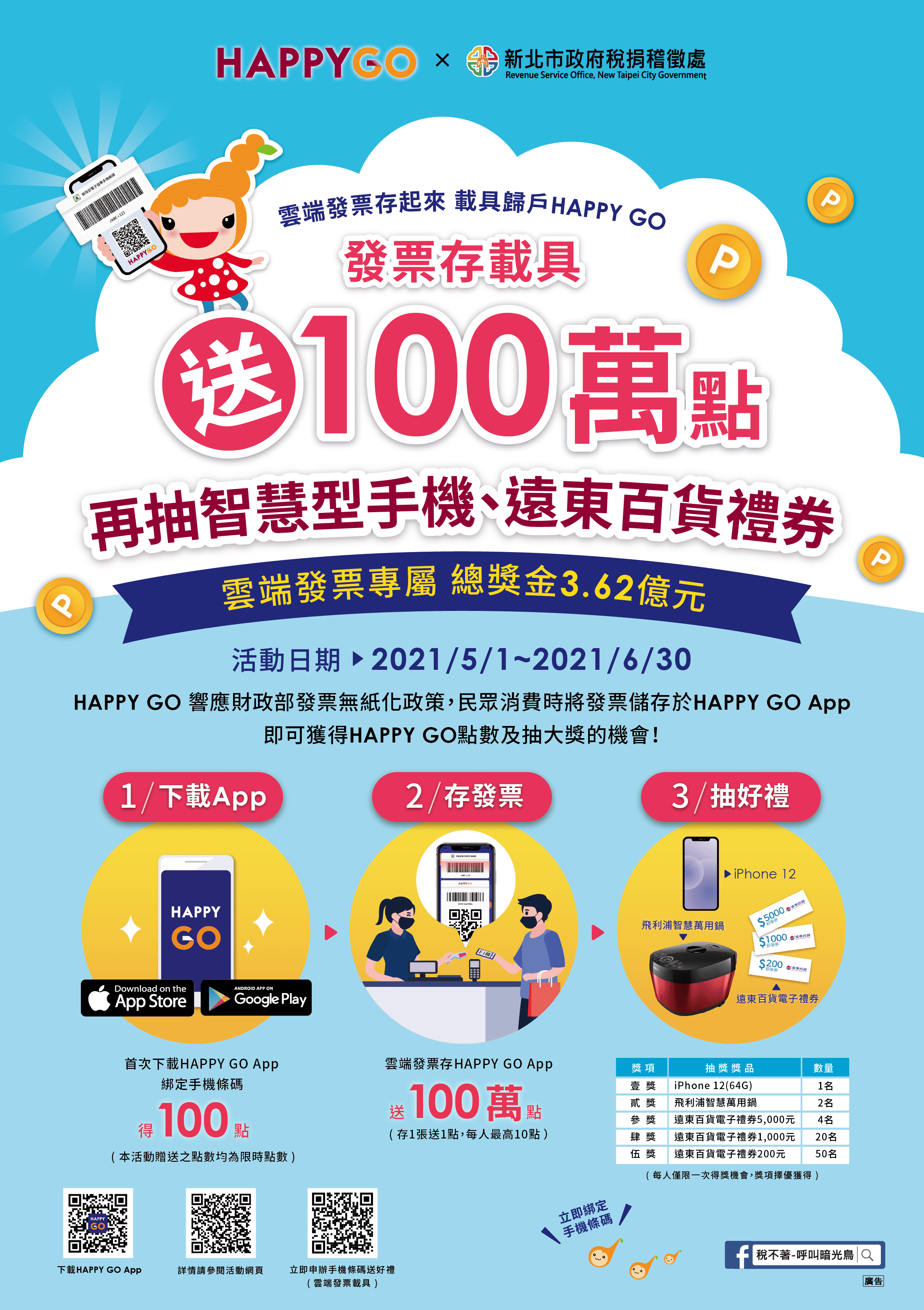 新北市政府稅捐稽徵處 宣導園地 活動訊息 雲端發票存起來載具歸戶happy Go 存發票抽iphone12及遠百電子禮券